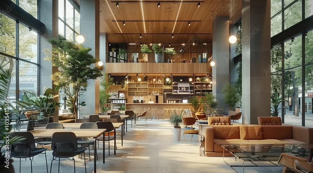 Aufkleber a co-working space with high ceiling and modern look and feel.