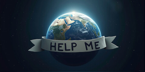 Fototapeta premium Planet earth with the inscription or word help, participation in the fight against global warming, pollution and environmental destruction