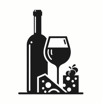 black wine bottle, glass, cheese, grapes clip art preview