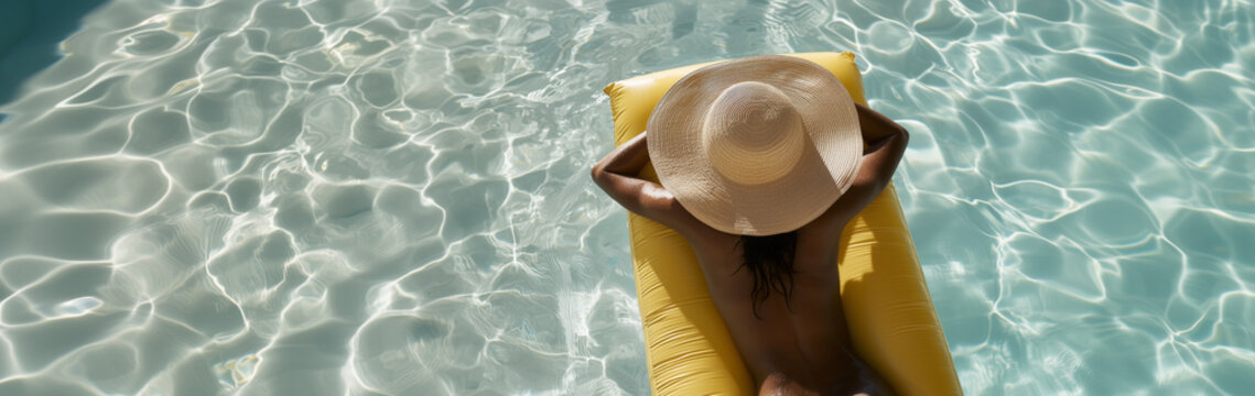 Overhead view of a woman in a sunhat relaxing on a yellow inflatable in a clear, sunlit pool, capturing the essence of summer relaxation, with shimmering water and peaceful vibes - Powered by Adobe