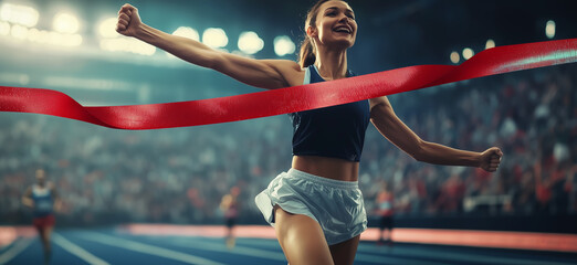 Female athlete crosses the finish line triumphantly, symbolizing victory, hard work, and determination, in a high-energy stadium atmosphere with a red ribbon marking the achievement