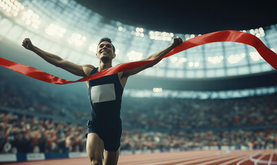 A male athlete triumphantly crosses the finish line, breaking through the red ribbon in an intense...