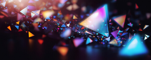 Dynamic abstract composition of vibrant, multicolored triangular shapes and prisms scattered across a dark background, creating a futuristic, energetic visual with vivid lighting effects