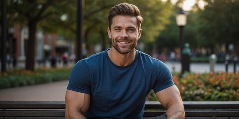 A young man poses confidently on a park bench in the evening light surrounded by vibrant flowering plants.