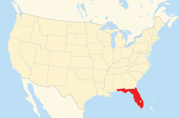 Symbol Map of the State Florida (United States of America) showing the Contiguous United States with the highlighted state