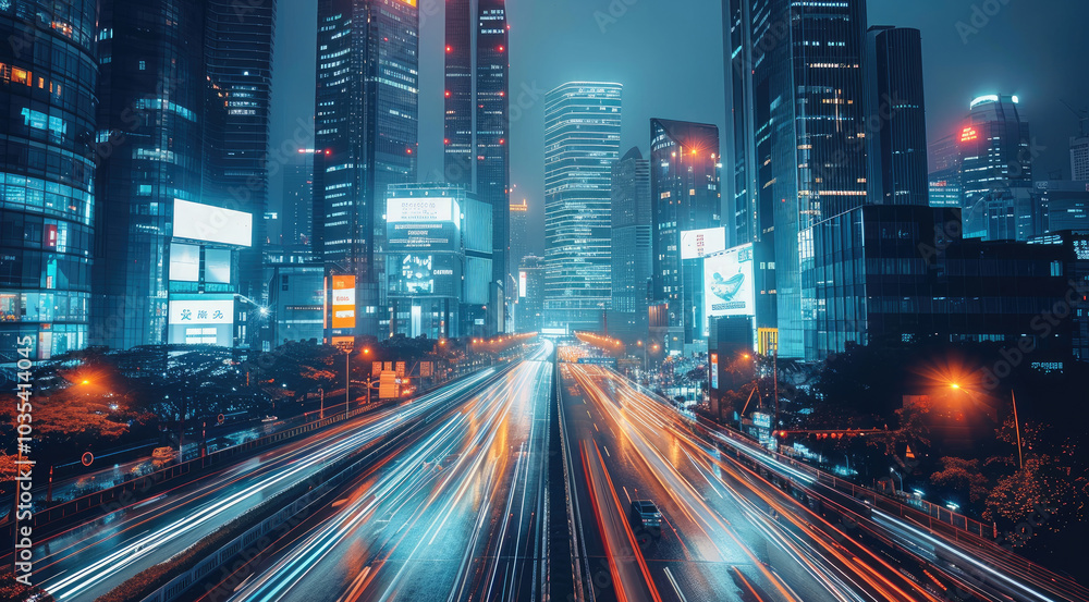 Aufkleber a futuristic cityscape with skyscrapers consisting of digital screens and billboards displaying vari