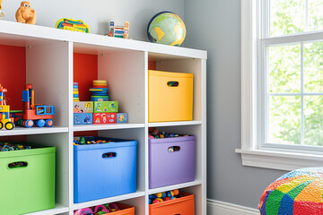 a cheerful playroom with rainbow storage units, organized toys