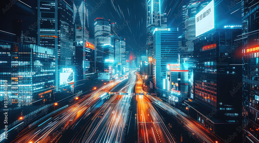 Aufkleber a futuristic cityscape with skyscrapers consisting of digital screens and billboards displaying vari