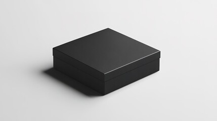 sleek black box displayed on a white background, with soft shadows creating contrast and depth, perfect for luxury packaging concepts