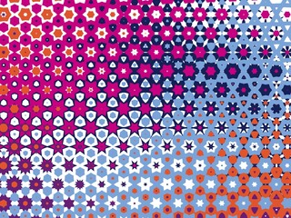 Colorful geometric background with a repeating pattern of stars and hexagons.