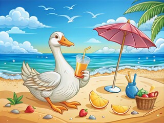 Obraz premium Goose on the Beach with a Cocktail - Hand-Drawn Vector Illustration for Urban Exploration Photography