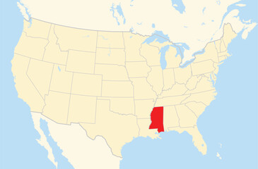 Symbol Map of the State Mississippi (United States of America) showing the Contiguous United States with the highlighted state