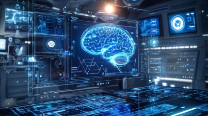Fototapeta premium Concept of medical technology advancement, featuring a graphic of a brain integrated with a medical technology interface.