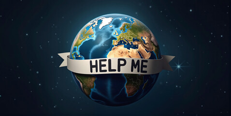 Fototapeta premium Planet earth with the inscription or word help, participation in the fight against global warming, pollution and environmental destruction