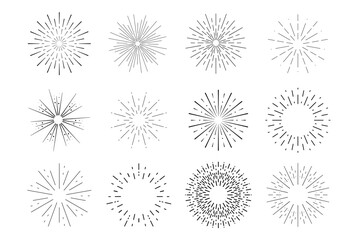 Sunburst line sign. Black round icon. Firework drawings set. Vector radial frame. Sun ray circle