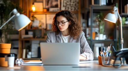 A young woman in glasses works on her laptop in a cozy home office.  The light from the lamp illuminates her focused expression as she types.