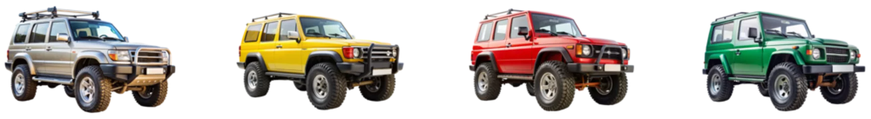 Colorful collection of four off-road vehicles on display outdoors. Set of png on transparent background