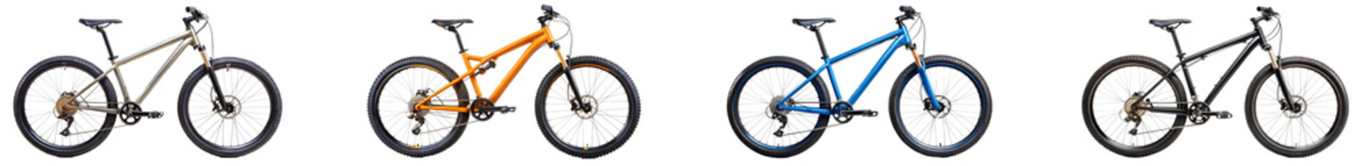 Fototapeta premium Four colorful mountain bikes displayed in a row for prospective buyers. Set of png on transparent background