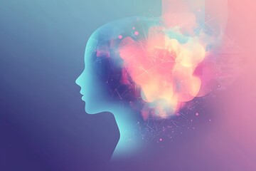 A vibrant silhouette of a woman with colorful abstract clouds in her head, representing creativity, inspiration, and limitless imagination.