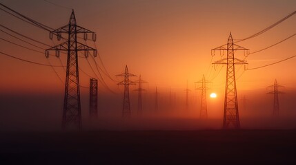 Dramatic Sunset over Towering Electrical Transmission Pylons in Silhouette