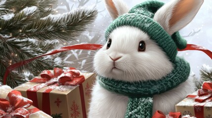 A charming white rabbit wears a green hat and scarf while surrounded by festive Christmas gifts amidst a snowy landscape with pine trees