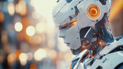 Fototapeta premium A cyborg in a blurred background, working on creating artificial intelligence, rendered in 3D.