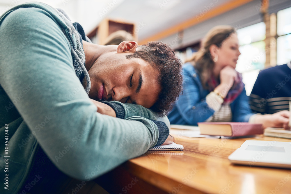 Poster man, student and sleep at college with group, burnout and tired with books, tech and education in li