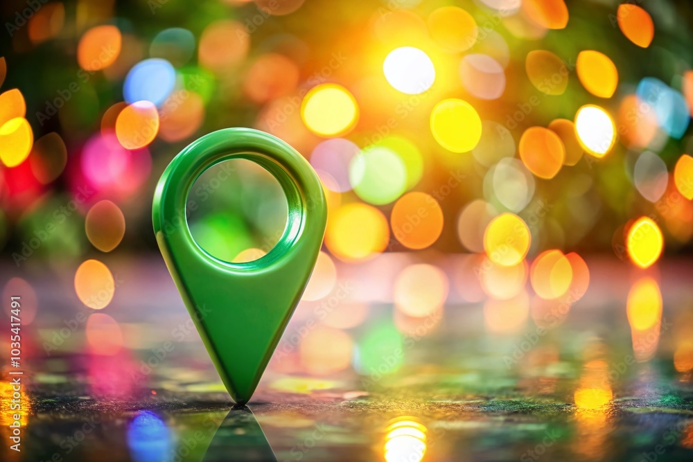 Poster green location pin on blurred bokeh background for navigation and mapping needs