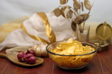 Keripik Singkong or Cassava Chips is a Indonesian traditional snack on a Served in Bowl