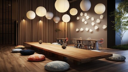 A modern dining area with a low