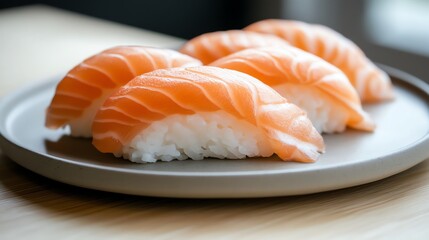 Close up of four pieces of salmon nigiri sushi on a grey plate.
