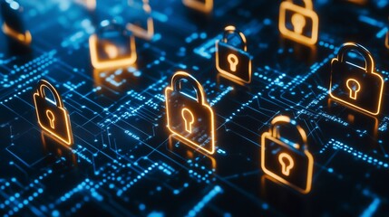 Padlocks and digital technologies, cybersecurity and data privacy, AI.