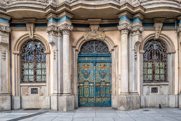 Intricately Designed Blue Iron Gate of Historic Building at the university in Wroclaw, Poland