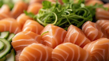 Close-up of thinly sliced salmon sashimi with cucumber and green onions.