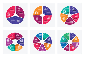 Set of vector infographic circular templates. Cycle diagrams with 3, 4, 5, 6, 7, 8 parts, options. Can be used for chart, graph, report, presentation