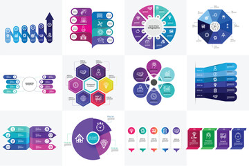 Big collection of colourful infographic templates with 3, 4, 5, 6, 7, 8, steps, options. Can be used for chart, graph, report, presentation