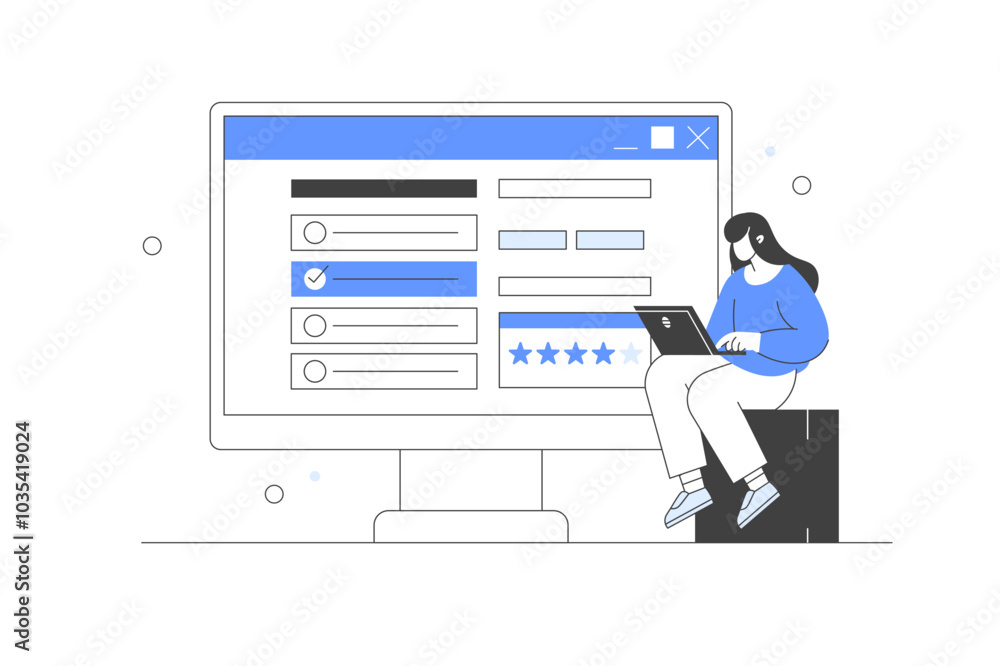 Poster various online survey and rating icon. character filling survey form, putting check marks on checkli