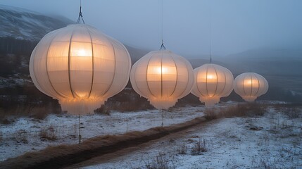 Obraz premium Four glowing lanterns hang in a line down a snow-covered path in a mountainous landscape.