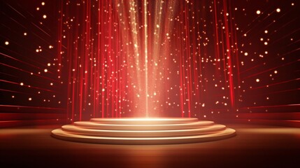 Luxury gold, red, and black podium on a glowing background, ideal for an award ceremony. Shimmering particles float around, creating an atmosphere of sophistication and elegance.	

