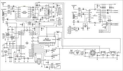 Schematic diagram of digital electronic device 
on paper sheet. Vector drawing electrical circuit with antenna,
operational amplifier, integrated circuit, microcontroller, capacitor, resistor, display