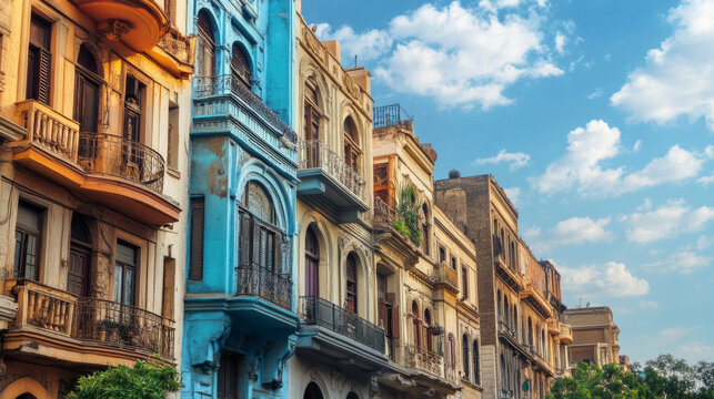 Cairo, Egypt - View of vintage buildings in Zamalek, showcasing the area's old architecture in an isolated setting
