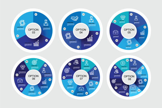 Set of vector infographic circular templates. Cycle diagrams with 3, 4, 5, 6, 7, 8 parts, options. Can be used for chart, graph, report, presentation