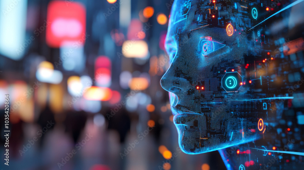 Poster concept of a facial recognition system featuring face recognition technology and 3d scanning