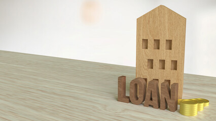 The wood house and gold coins for home loan concept 3d rendering..