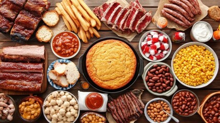Southern BBQ spread with cornbread, ribs, beans, and sides