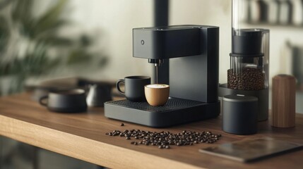 high-quality coffee brewing setup with a sleek coffee machine, mugs, and coffee beans on a minimalist wooden counter