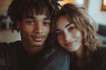 Obraz premium Long distance relationship couple having a video call, Generative AI