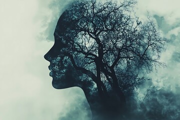 Silhouette of a woman with tree branches blending into her profile, symbolizing the deep connection between humans and the natural world.