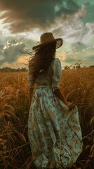 Fototapeta premium Woman in a Wheat Field at Sunset