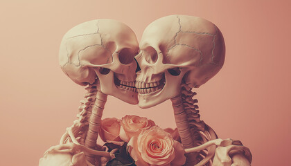 Two skeletons wearing flower crowns facing each other with a loving expression against a muted pink backdrop. Surreal romantic art blending love and the macabre.